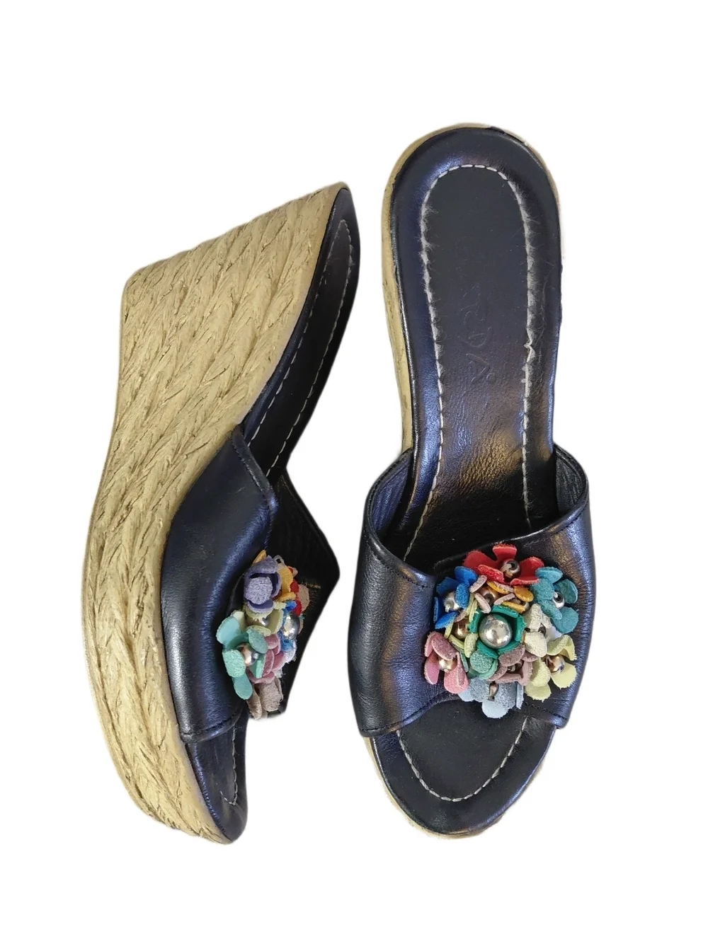 Vintage Black Leather Wedge Slide with Multicolor Flower Accent Size 8-8.5